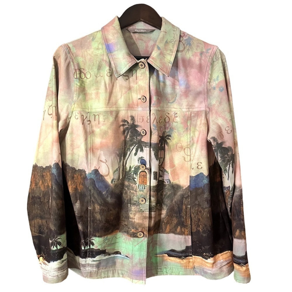 TanJay Multicolour Beach House Vacation Scene Abstract Button-Up Jacket Sz Large